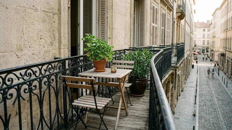 Balcon français en fer forgé avec table extérieure en bois et pot de plante verte, ambiance sobre lumière naturelle douce de fin d'après-midi d'été aucun humain ni insecte visible, plan large documentaire