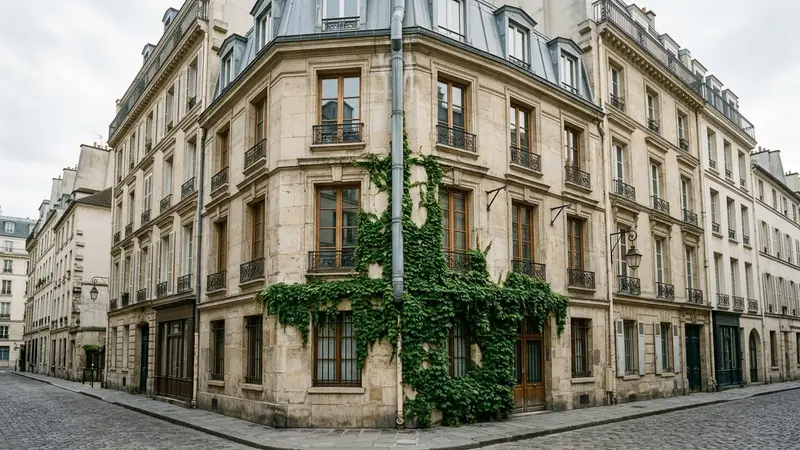 Mur extérieur en pierre ancienne d'immeuble français avec descente d'eau en zinc et lierre grimpant sur une partie de la façade, ambiance sobre lumière naturelle fin d'après-midi documentaire aucun humain ni animal visible