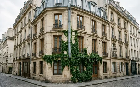 Mur extérieur en pierre ancienne d'immeuble français avec descente d'eau en zinc et lierre grimpant sur une partie de la façade, ambiance sobre lumière naturelle fin d'après-midi documentaire aucun humain ni animal visible
