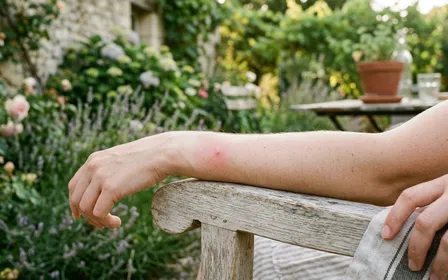 Peau claire d'un avant-bras humain reposant sur un accoudoir en bois clair d'un fauteuil de jardin français en fin d'après-midi d'été, ambiance sobre lumière naturelle douce aucun visage visible plan rapproché macro