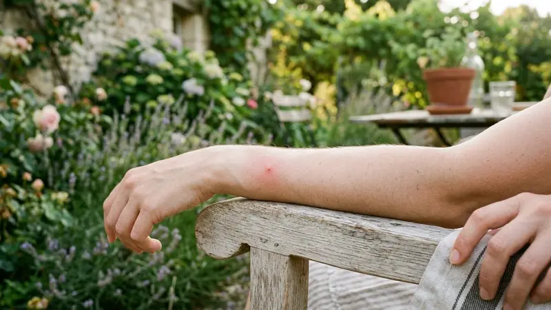 Peau claire d'un avant-bras humain reposant sur un accoudoir en bois clair d'un fauteuil de jardin français en fin d'après-midi d'été, ambiance sobre lumière naturelle douce aucun visage visible plan rapproché macro