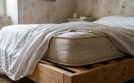 Coin de matelas français avec drap blanc partiellement replié laissant voir la couture cousue du matelas, ambiance sobre lumière naturelle douce de fin de matinée aucun humain visible plan rapproché documentaire