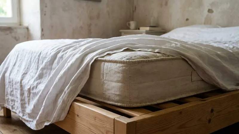 Coin de matelas français avec drap blanc partiellement replié laissant voir la couture cousue du matelas, ambiance sobre lumière naturelle douce de fin de matinée aucun humain visible plan rapproché documentaire