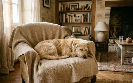 Chien de taille moyenne au poil clair allongé calmement sur une couverture beige à l'intérieur d'un salon français en fin d'après-midi, ambiance sobre lumière naturelle douce aucun humain visible plan rapproché documentaire