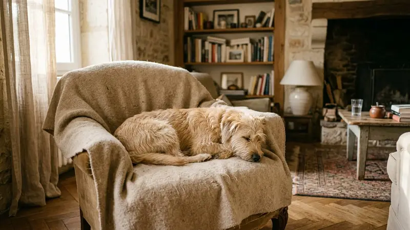 Chien de taille moyenne au poil clair allongé calmement sur une couverture beige à l'intérieur d'un salon français en fin d'après-midi, ambiance sobre lumière naturelle douce aucun humain visible plan rapproché documentaire