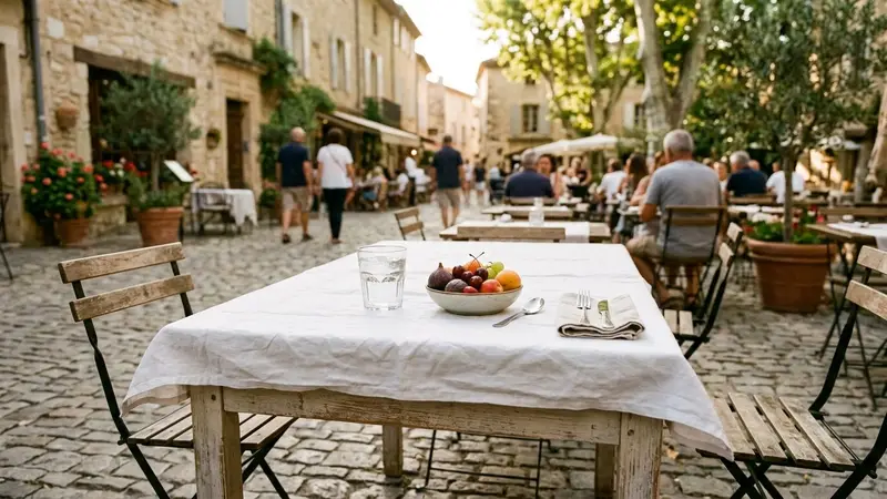 Table de terrasse française en bois clair recouverte d'une nappe blanche avec verre d'eau et coupelle de fruits en fin d'après-midi d'été, ambiance sobre lumière naturelle douce aucun humain ni insecte visible plan rapproché documentaire