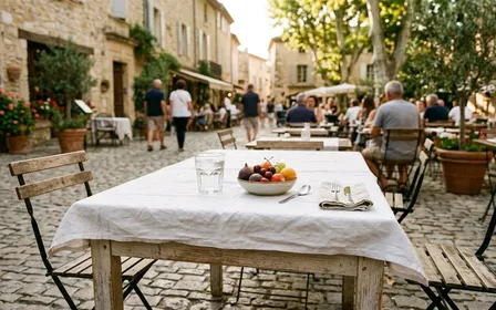 Table de terrasse française en bois clair recouverte d'une nappe blanche avec verre d'eau et coupelle de fruits en fin d'après-midi d'été, ambiance sobre lumière naturelle douce aucun humain ni insecte visible plan rapproché documentaire