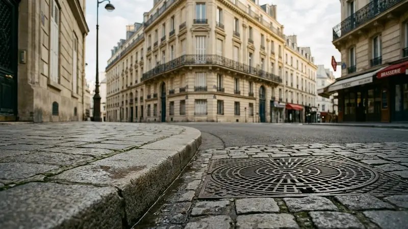Rue pavée d'une grande ville française avec caniveau en pierre et grille d'égout en fonte, ambiance sobre lumière naturelle de fin d'après-midi documentaire aucun humain ni animal visible plan rapproché