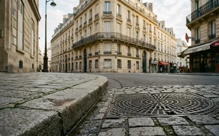 Rue pavée d'une grande ville française avec caniveau en pierre et grille d'égout en fonte, ambiance sobre lumière naturelle de fin d'après-midi documentaire aucun humain ni animal visible plan rapproché