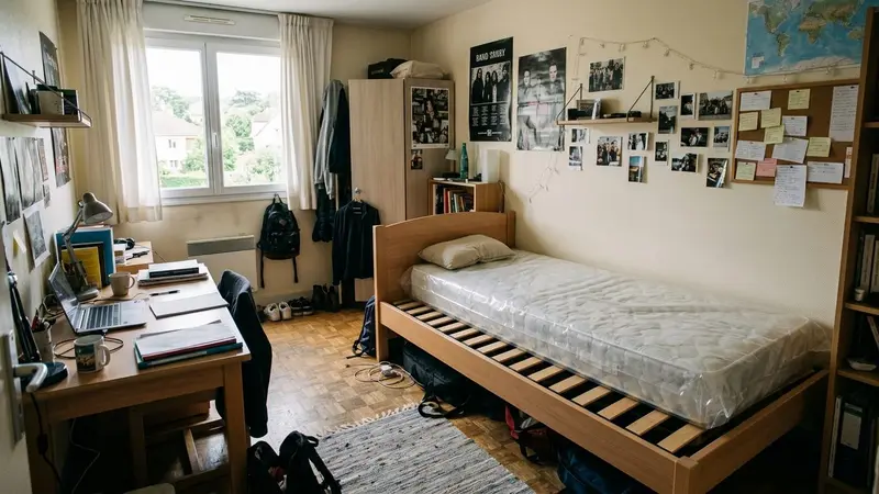 Chambre étudiante française contemporaine avec lit simple à structure en bois clair sommier apparent et matelas nu recouvert de son emballage plastique, ambiance sobre lumière naturelle douce de fin de matinée aucun humain visible plan large documentaire