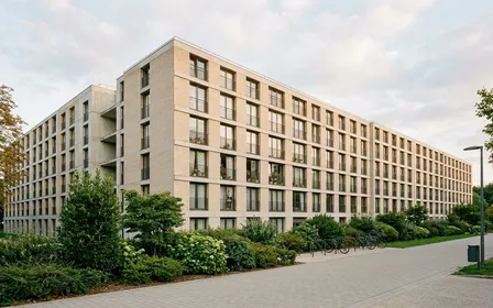 Bâtiment de résidence étudiante française contemporaine en brique claire et béton avec fenêtres alignées et arbustes en pied de façade vu de l'extérieur, ambiance sobre lumière naturelle documentaire de fin d'après-midi aucun humain visible plan large