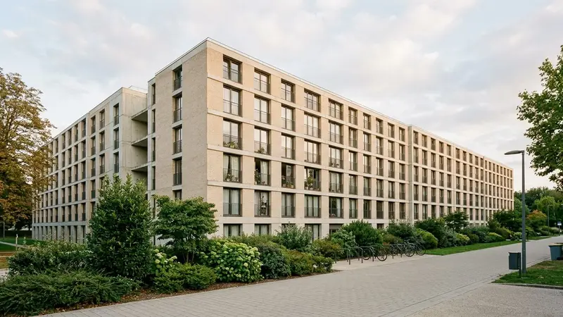 Bâtiment de résidence étudiante française contemporaine en brique claire et béton avec fenêtres alignées et arbustes en pied de façade vu de l'extérieur, ambiance sobre lumière naturelle documentaire de fin d'après-midi aucun humain visible plan large