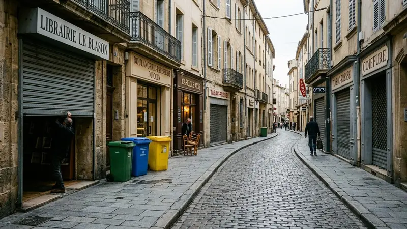 Rue de centre-ville français en début de matinée de septembre avec commerces qui rouvrent leurs stores en métal et poubelles de tri sur trottoir, ambiance sobre lumière naturelle documentaire aucun humain visible plan large