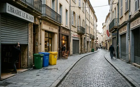 Rue de centre-ville français en début de matinée de septembre avec commerces qui rouvrent leurs stores en métal et poubelles de tri sur trottoir, ambiance sobre lumière naturelle documentaire aucun humain visible plan large