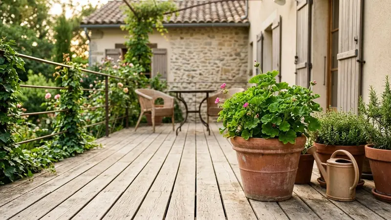 Terrasse française en bois clair en fin d'après-midi d'été avec pot de plante verte en terre cuite et façade de maison en arrière-plan, ambiance sobre lumière naturelle documentaire aucun humain ni animal visible plan rapproché
