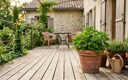 Terrasse française en bois clair en fin d'après-midi d'été avec pot de plante verte en terre cuite et façade de maison en arrière-plan, ambiance sobre lumière naturelle documentaire aucun humain ni animal visible plan rapproché