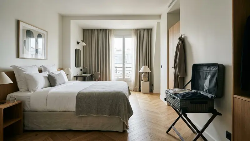 Chambre d'hôtel française contemporaine avec valise rigide posée sur porte-bagages en métal à distance du lit et rideaux tirés au fond, ambiance sobre lumière naturelle douce de fin de matinée aucun humain visible plan large documentaire