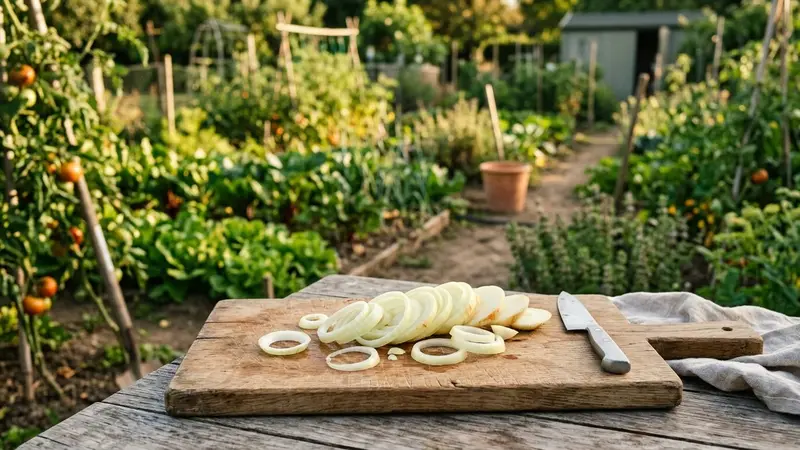 Rondelles d'oignon jaune posées sur une planche en bois clair dans un jardin français en fin d'après-midi avec potager en arrière-plan flouté, ambiance sobre lumière naturelle documentaire aucun humain visible plan rapproché