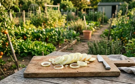 Rondelles d'oignon jaune posées sur une planche en bois clair dans un jardin français en fin d'après-midi avec potager en arrière-plan flouté, ambiance sobre lumière naturelle documentaire aucun humain visible plan rapproché