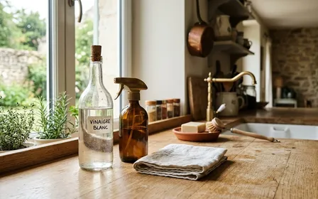 Cuisine française contemporaine avec bouteille de vinaigre blanc en verre transparent posée sur plan de travail en bois clair à côté d'un vaporisateur et d'un chiffon propre plié, ambiance sobre lumière naturelle douce de fin de matinée aucun humain visible plan rapproché documentaire