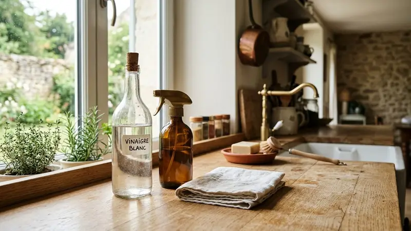 Cuisine française contemporaine avec bouteille de vinaigre blanc en verre transparent posée sur plan de travail en bois clair à côté d'un vaporisateur et d'un chiffon propre plié, ambiance sobre lumière naturelle douce de fin de matinée aucun humain visible plan rapproché documentaire