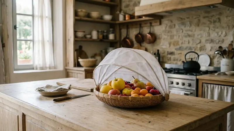 Cuisine française contemporaine avec plan de travail en bois clair vide et corbeille de fruits jaunes et rouges couverte d'un voile en toile légère, ambiance sobre lumière naturelle douce de fin de matinée aucun humain visible plan rapproché documentaire