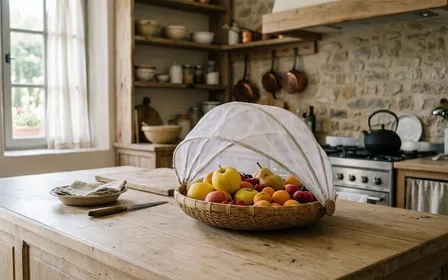 Cuisine française contemporaine avec plan de travail en bois clair vide et corbeille de fruits jaunes et rouges couverte d'un voile en toile légère, ambiance sobre lumière naturelle douce de fin de matinée aucun humain visible plan rapproché documentaire