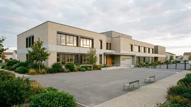 Façade extérieure d'école primaire française contemporaine en brique claire et béton avec cour de récréation vide et arbustes en pied de mur, ambiance sobre lumière naturelle documentaire de fin d'après-midi aucun humain visible plan large