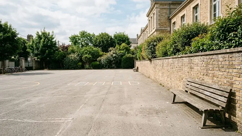 Cour de récréation d'école primaire française avec sol en enrobé gris clair et banc en bois adossé à un mur en brique claire, ambiance sobre lumière naturelle documentaire de fin de matinée aucun humain visible plan large