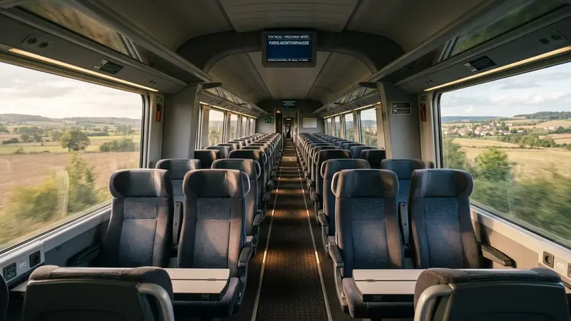 Intérieur d'une rame de TGV française contemporaine avec sièges en tissu gris alignés et fenêtres panoramiques vue en fin d'après-midi, ambiance sobre lumière naturelle documentaire aucun humain visible plan large