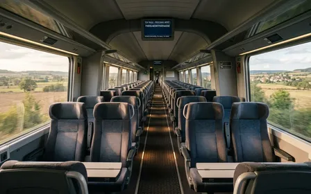 Intérieur d'une rame de TGV française contemporaine avec sièges en tissu gris alignés et fenêtres panoramiques vue en fin d'après-midi, ambiance sobre lumière naturelle documentaire aucun humain visible plan large