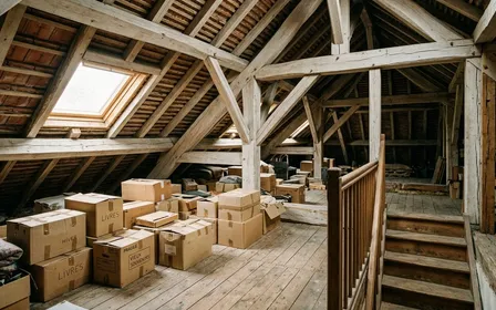 Grenier de maison française avec charpente en bois apparente poutres claires et carton stocké au sol vu depuis l'escalier en fin d'après-midi, ambiance sobre lumière naturelle filtrée par un vasistas documentaire aucun humain ni animal visible plan large
