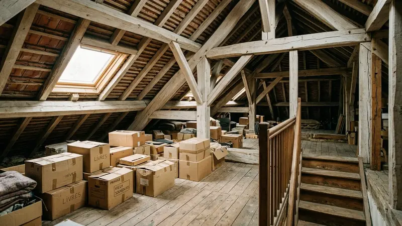 Grenier de maison française avec charpente en bois apparente poutres claires et carton stocké au sol vu depuis l'escalier en fin d'après-midi, ambiance sobre lumière naturelle filtrée par un vasistas documentaire aucun humain ni animal visible plan large