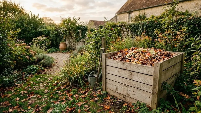 Bac à compost en bois clair français dans un jardin verdoyant en fin d'après-midi avec feuilles mortes et épluchures visibles au sommet, ambiance sobre lumière naturelle documentaire aucun humain ni animal visible plan large
