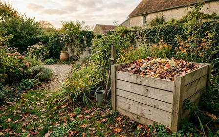 Bac à compost en bois clair français dans un jardin verdoyant en fin d'après-midi avec feuilles mortes et épluchures visibles au sommet, ambiance sobre lumière naturelle documentaire aucun humain ni animal visible plan large