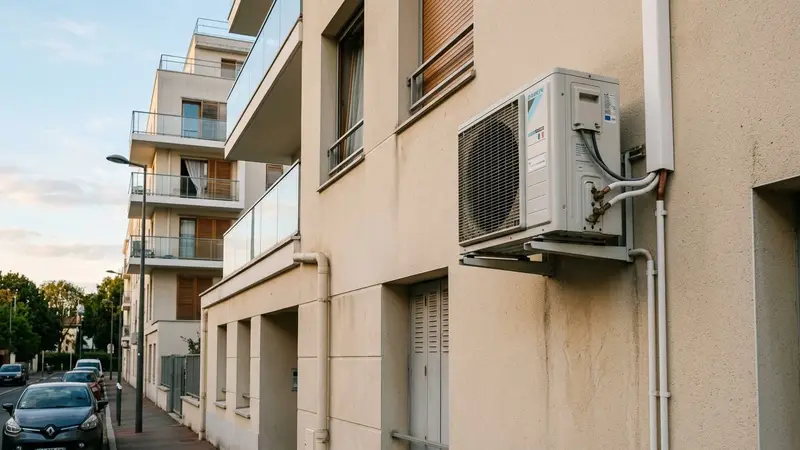 Bloc extérieur de climatiseur français blanc en façade d'immeuble contemporain avec grille de ventilation visible, ambiance sobre lumière naturelle documentaire de fin d'après-midi aucun humain ni animal visible plan rapproché