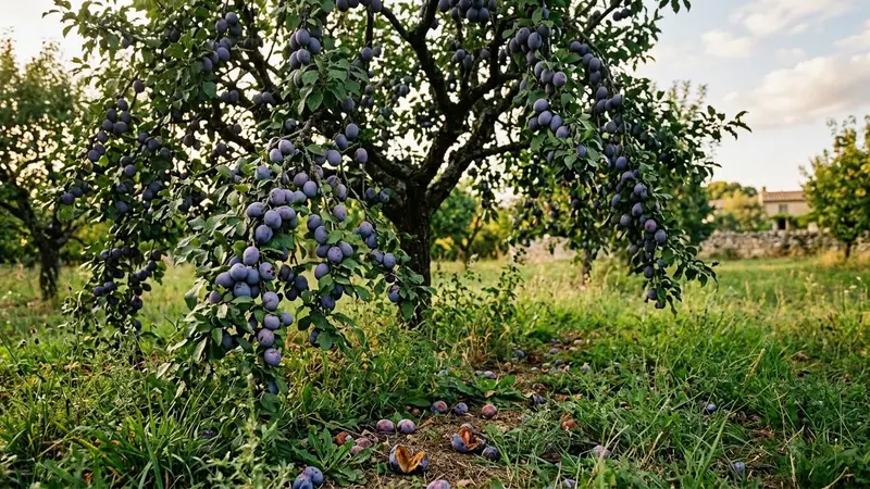 Prunier français chargé de prunes violettes mûres en fin d'après-midi d'été avec quelques fruits fendus au sol et herbe verte, ambiance sobre lumière naturelle documentaire aucun humain ni insecte visible plan rapproché