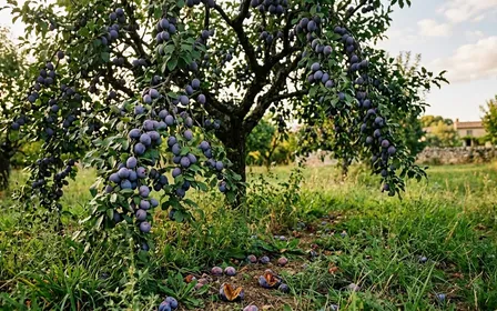 Prunier français chargé de prunes violettes mûres en fin d'après-midi d'été avec quelques fruits fendus au sol et herbe verte, ambiance sobre lumière naturelle documentaire aucun humain ni insecte visible plan rapproché