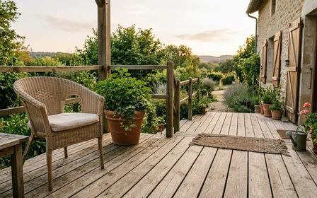 Terrasse française en bois clair en fin de soirée d'été avec chaise de jardin en résine tressée et pot de plante verte, ambiance sobre lumière naturelle documentaire aucun humain ni insecte visible plan large