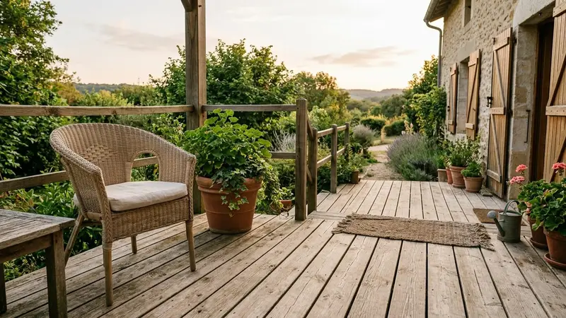 Terrasse française en bois clair en fin de soirée d'été avec chaise de jardin en résine tressée et pot de plante verte, ambiance sobre lumière naturelle documentaire aucun humain ni insecte visible plan large