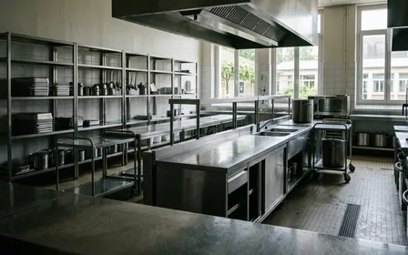 Cuisine collective de cantine scolaire française professionnelle avec plans de travail en inox brossé et étagères de rangement métalliques vides, ambiance sobre lumière naturelle de fin de matinée aucun humain visible plan large documentaire