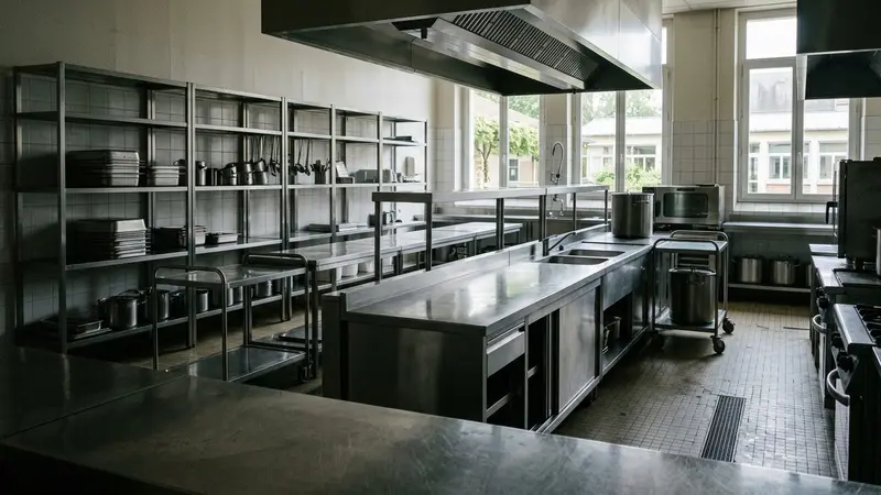 Cuisine collective de cantine scolaire française professionnelle avec plans de travail en inox brossé et étagères de rangement métalliques vides, ambiance sobre lumière naturelle de fin de matinée aucun humain visible plan large documentaire