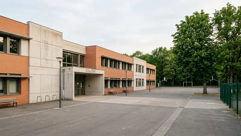Façade extérieure de collège français contemporain en béton clair et brique avec cour intérieure vide et arbres verts en arrière-plan, ambiance sobre lumière naturelle documentaire de fin d'après-midi aucun humain visible plan large