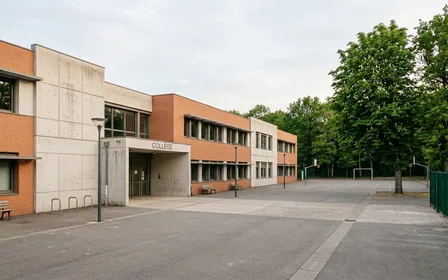 Façade extérieure de collège français contemporain en béton clair et brique avec cour intérieure vide et arbres verts en arrière-plan, ambiance sobre lumière naturelle documentaire de fin d'après-midi aucun humain visible plan large