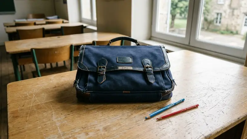 Cartable d'écolier français en toile bleu marine et deux crayons posés sur une table en bois clair vue de dessus, ambiance sobre lumière naturelle douce de fin de matinée aucun humain visible plan rapproché documentaire