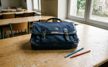 Cartable d'écolier français en toile bleu marine et deux crayons posés sur une table en bois clair vue de dessus, ambiance sobre lumière naturelle douce de fin de matinée aucun humain visible plan rapproché documentaire
