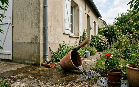 Jardin français de banlieue en fin d'été avec pot de plante en terre cuite renversé pour vider l'eau stagnante et gouttière visible sur la façade beige, ambiance sobre lumière naturelle documentaire aucun humain visible plan rapproché