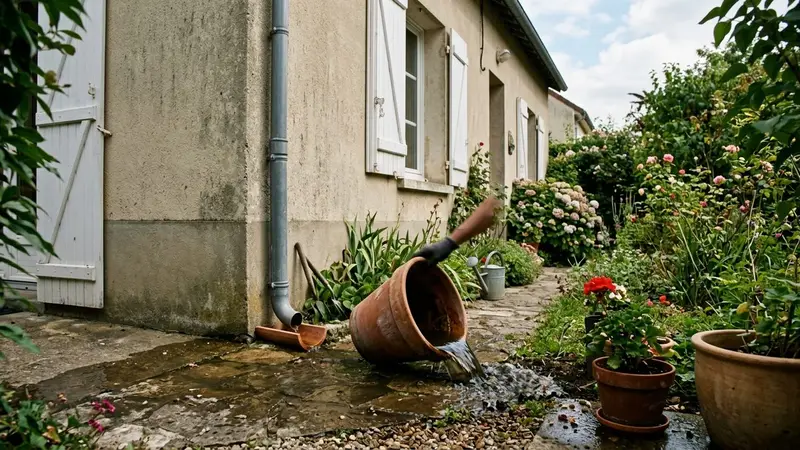 Jardin français de banlieue en fin d'été avec pot de plante en terre cuite renversé pour vider l'eau stagnante et gouttière visible sur la façade beige, ambiance sobre lumière naturelle documentaire aucun humain visible plan rapproché