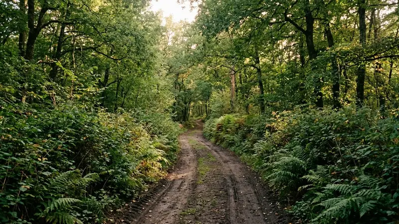 Chemin forestier français en terre battue bordé de haies vertes et fougères en fin d'après-midi de rentrée avec lumière filtrée par les feuillages, ambiance sobre documentaire aucun humain ni animal ni insecte visible plan large