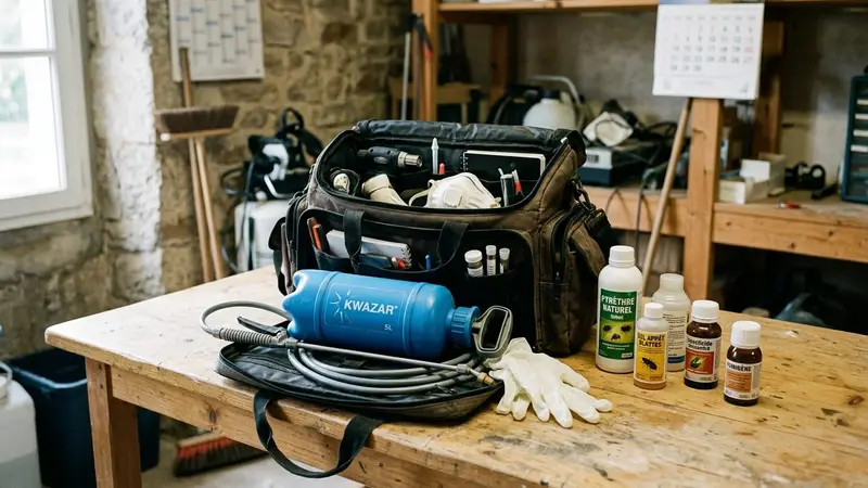 Sacoche professionnelle de désinsectisation ouverte posée sur table en bois clair avec pulvérisateur bleu et gants nitrile blancs visibles, ambiance sobre lumière naturelle documentaire aucun humain visible plan rapproché en légère plongée